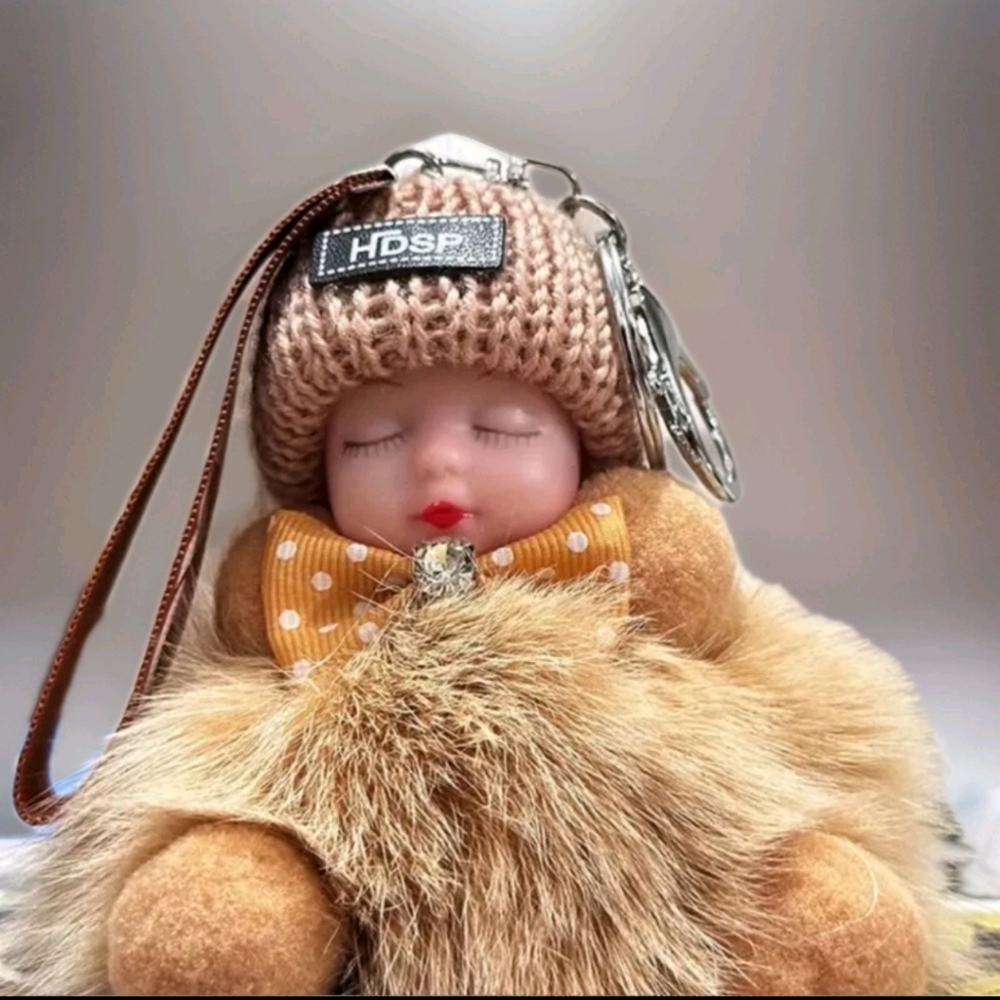Baby Sleeping Keychain/ Bag Charm With LOVE Tag, Faux Plush Rabbit Fur-Tan